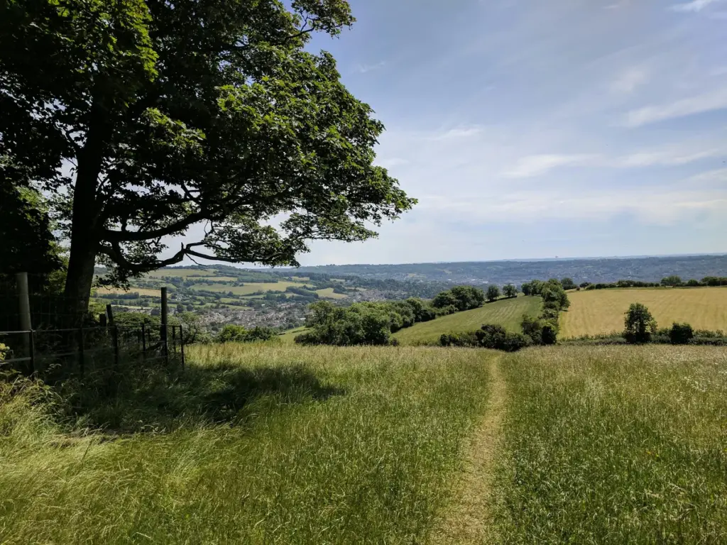 A path fades into the distance over rolling Cotswold hills and tree lines.