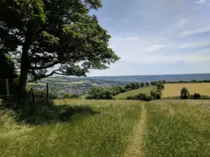 A path fades into the distance over rolling Cotswold hills and tree lines.