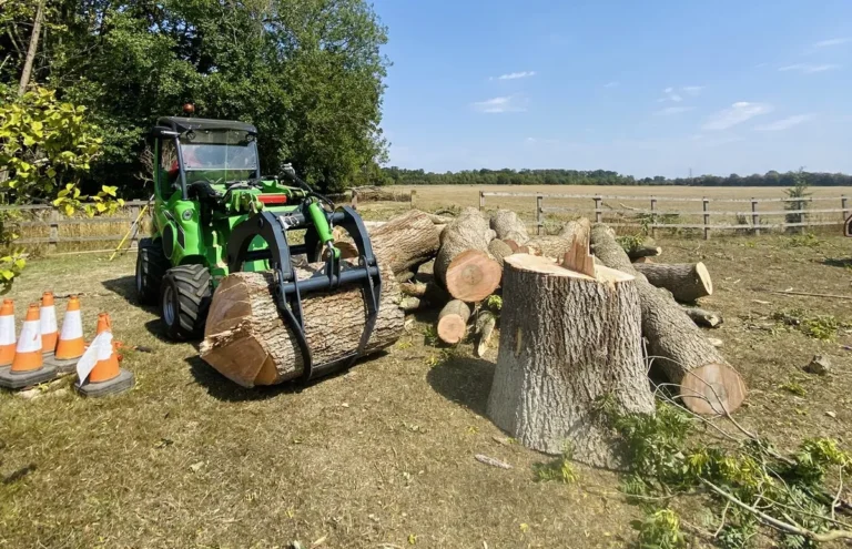 A green tractor lifting a large log from a pile.