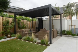 A pergola over a garden.