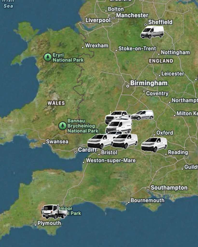 map of uk with Silver Tree vans spread out working in various locations